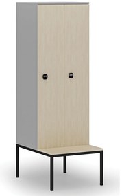Drevená šatníková skrinka s lavičkou, 2 oddiely, 1871 x 600 x 500/800 mm, demont, RFID zámok, sivá/breza