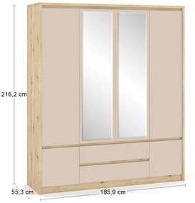 Štvordverová šatníková skriňa so zrkadlom Daicos W-4D2DRWS - dub artisan / champagne