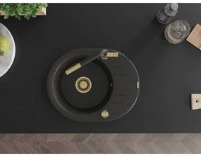 Mexen Kevin, 1-komorový granitový drez 586x458x190 mm a drezová batéria Flora, čierna-zlatá metalíza, 6517-75-670401-57-G