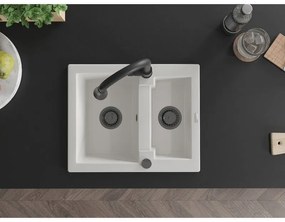Mexen Carlos, 1,5-komorový granitový drez 582x475x177 mm a drezová batéria Elia, biela, 6518-20-670101-70