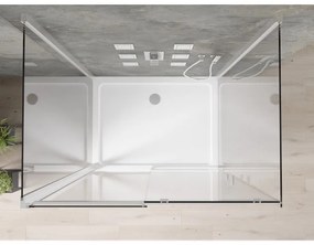 Mexen Omega, 3-stenový sprchovací kút s posuvnými dverami 130 (dvere) x 90 (stena) x 190 cm, 8mm číre sklo, chrómový profil + biela sprchová vanička SLIM, 825-130-090-01-00-3S-4010