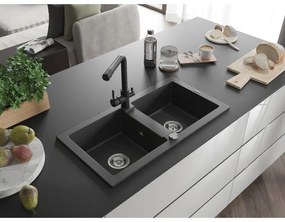 Mexen Mario, 2-komorový granitový drez 820x436x161 mm a čierna drezová batéria Duero, čierna škvrnitá, 6504-76-671600-70