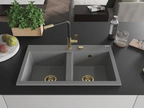 Mexen Hektor, 2-komorový granitový drez 800x480x205 mm, šedá, zlatý sifón, 6521802000-71-G
