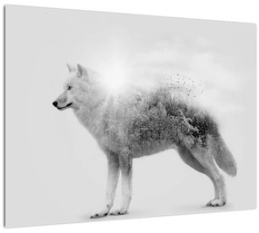Obraz - Arktický vlk zrkadliaci divokú krajinu, čiernobiely (70x50 cm)