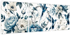 Obraz - Kolibríky s kvetmi (s hodinami) (90x30 cm)
