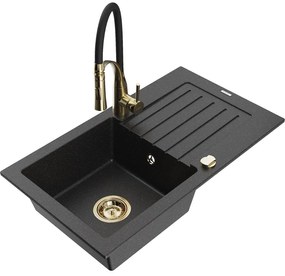 Mexen Pablo, 1-komorový granitový drez 752x436x161 mm a drezová batéria Aster, čierna-strieborná metalíza, 6510-73-73450-57-G