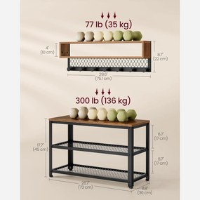 Vešiak a lavička na topánky, 2-úrovňový botník, rustikálny hnedý