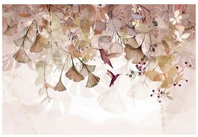 Tapeta listy s kolibríkmi v hnedo-ružovom