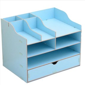 Drevený kancelársky organizér na dokumenty s 8 priehradkami a širokou zásuvkou modrý DIY 2411 Modrá