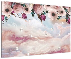 Obraz ružových kvetov s ružovým mramorom (90x60 cm)