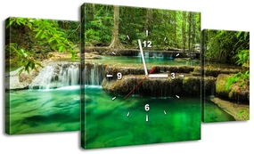 Gario Obraz s hodinami Vodopád Erawan v Thajsku - 3 dielny Rozmery: 80 x 40 cm