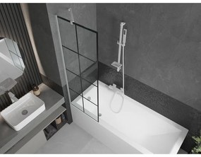 Mexen Next, vaňová zástena 1-krídlová 60 x 150 cm, fixné krídlo, 6 mm číre sklo s čiernym vzorom, biely profil, 895-060-000-00-77-20