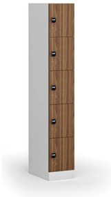 Šatníková skrinka s úložnými boxmi, 5 boxov, 1850 x 300 x 500 mm, demont, zámok s čítačkou RFID kariet, laminované dvere, orech
