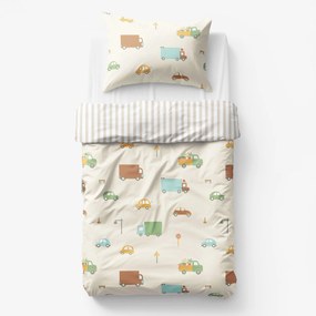 Goldea detské bavlnené obliečky - svet autíčok s latte prúžkami 140 x 200 a 70 x 90 cm
