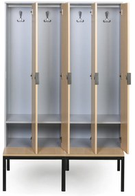 Drevená šatníková skrinka S4 s lavičkou, 4 oddiely, 1871 x 1200 x 500/800 mm, demont, otočný zámok, sivá/breza