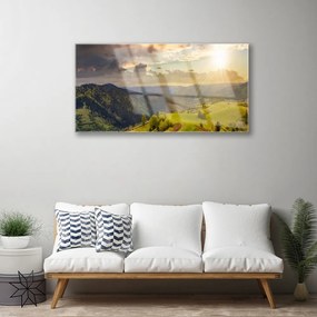 Skleneny obraz Hory lúka západ slnka 140x70 cm