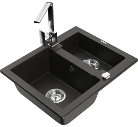 Mexen Carlos, 1,5-komorový granitový drez s odkvapkávačom 582x475x177 mm a chrómová kuchynská batéria Rita, čierna - zlatá metalíza, 6518-75-670300-00