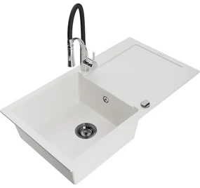 Mexen Leo, granitový drez 900x500x190 mm, 1-komorový a drezová batéria Aster, biela, 6501-20-73450-07-B