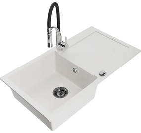 Mexen Leo, granitový drez 900x500x190 mm, 1-komorový a drezová batéria Aster, biela, 6501-20-73450-07-B