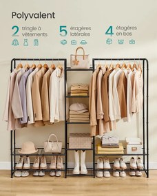Kovový vešiak na oblečenie s tyčou a policami, matná čierna