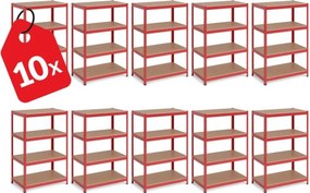 Akcia 10x Regál 150x70x30 cm lakovaný 4-policový, nosnosť 700 kg - červený