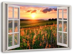 Obraz na plátně Výhled z okna na západ slunce květiny - 60x40 cm