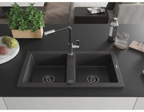 Mexen Mario, 2-komorový granitový drez 820x436x161 mm a drezová batéria Flora, čierna škvrnitá, 6504-76-670401-07-B