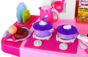 Ružová detská kuchynka 3+ interaktívne horáky + vodovodný kohútik + audio panel + príslušenstvo