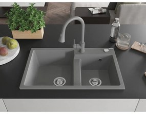Mexen Tomas, 2-komorový granitový drez 800x500x190 mm a drezová batéria Elia, šedá, 6516-71-670101-71