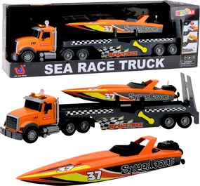 LEAN Toys Nákladné auto s naťahovacím člnom, svetlá a zvuky, oranžová súprava