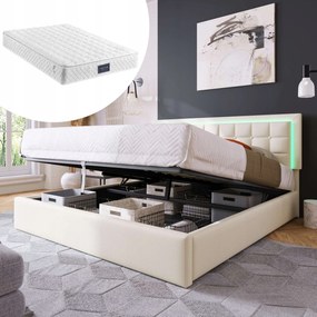 Čalúnená manželská posteľ Led 140x200CM Hydraulická biela matrac
