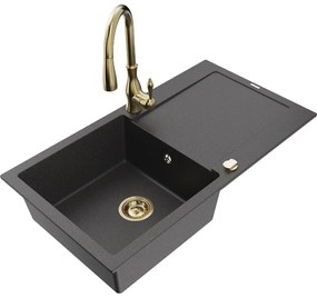 Mexen Leo, 1-komorový granitový drez 900x500x190 mm a drezová batéria Savita, čierna škvrtnitá, 6501-76-672601-50