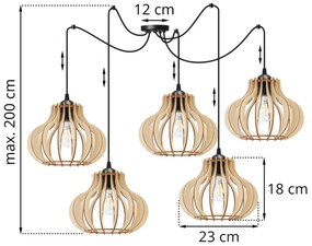 Závesné svietidlo TIMBER SPIDER 3, 5x drevené tienidlo