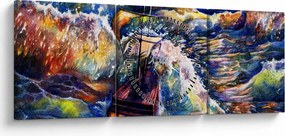 Obraz - Loď na oceánskych vlnách, aquarel (s hodinami) (90x30 cm)