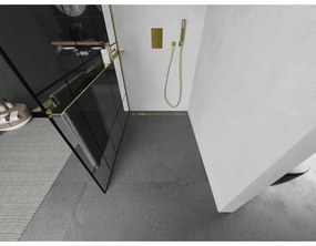 Mexen Kioto+ L, sprchová zástena Walk-In s poličkou a vešiakom 100 x 200 cm, 8mm číre sklo čierny vzor, zlatý lesklý profil,800-100-123-50-78