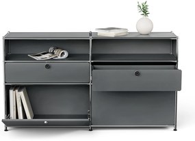 Kovová odkladacia skrinka "CN3" s výklopnými priečinkami, zásuvkami a otvorenými priehradkami, sivá