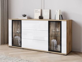 Široká komoda Hedvis SB 150 2D3S, Farby: wotan / biely lesk, Osvetlenie: osvetlenie LED biele