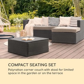 Blumfeldt Theia Lounge Set, záhradná sedacia súprava, rohový gauč, stolček, 5 vankúšov, čierna