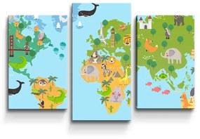 Sablio Obraz - 3-dílný Zvieracia mapa sveta - 75x50 cm