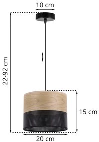 Závesné svietidlo Wood, 1x dýha zlatý dub/čierne PVC tienidlo, (fi 20cm)