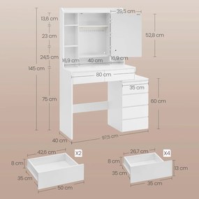 Kozmetický stolík s LED osvetlením, so stoličkou, moderný štýl, 40 x 97,5 x 145 cm, biely