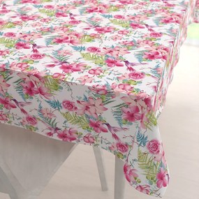 Biante Bavlnený obdĺžnikový obrus Sandra SA-493 Kolibríky s ružovými kvetmi na bielom 120x180 cm