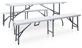 Sklápací záhradný stôl a 2 lavičky HDPE a oceľ 180 cm biely