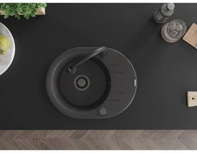 Mexen Kevin, 1-komorový granitový drez 586x458x190 mm a drezová batéria Elia, čierna škvrnitá, 6517-76-670101-70-B