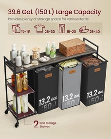 Kôš na prádlo s 3 priehradkami, 150 l, na triedenie bielizne v čiernej a šedej farbe