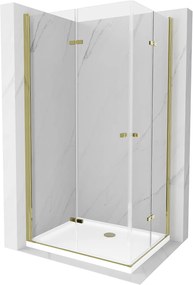 Mexen Lima Duo, sprchový kút so skladacími dverami 100 (dvere) x 90 (dvere) cm, 6mm číre sklo, zlatý profil + slim sprchová vanička biela + zlatý sifón, 856-100-090-50-02-4010G