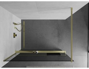 Mexen Kioto+, sprchová zástena Walk-In s poličkou a vešiakom 90 x 200 cm, 8mm šedé sklo, zlatý matný profil, 800-090-121-55-40
