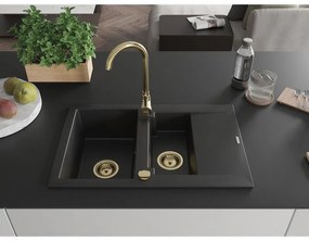 Mexen Gaspar, granitový drez 737x475x177 mm, 1,5-komorový, čierna so zlatým sifónom, 6507731505-77-G