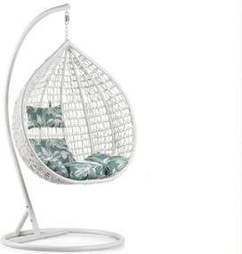 Biele závesné kreslo KOKON so stojanom, zeleno-biely vankúš.