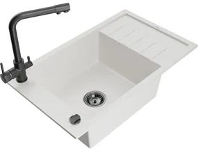 Mexen Elias, 1-komorový granitový drez s odkvapkávačom 795x480x200 mm a čierna batéria Duero, biela, 6511-20-671600-70